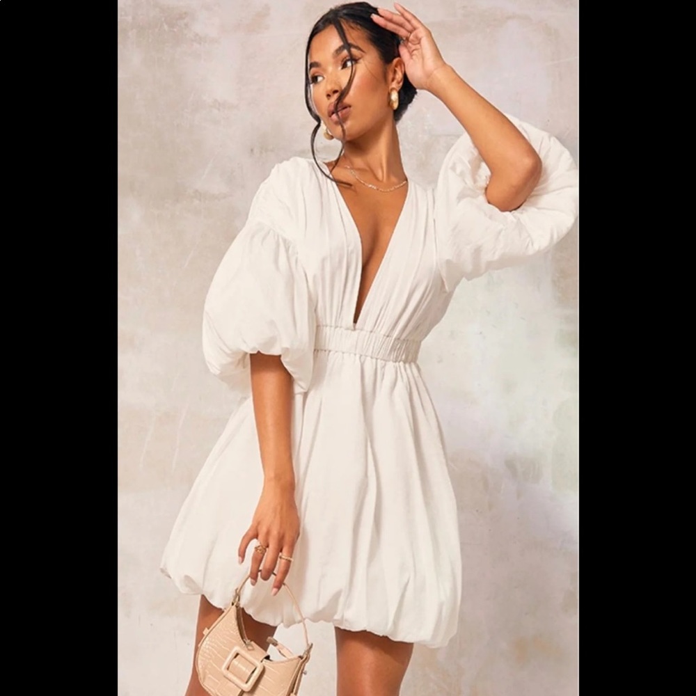 PLT white puff sleeve puffball hem shift dress